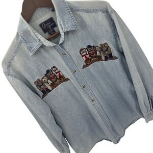 Quizz Again Denim Shirt Men M Light Blue Cowboy Cat Embroidered Western